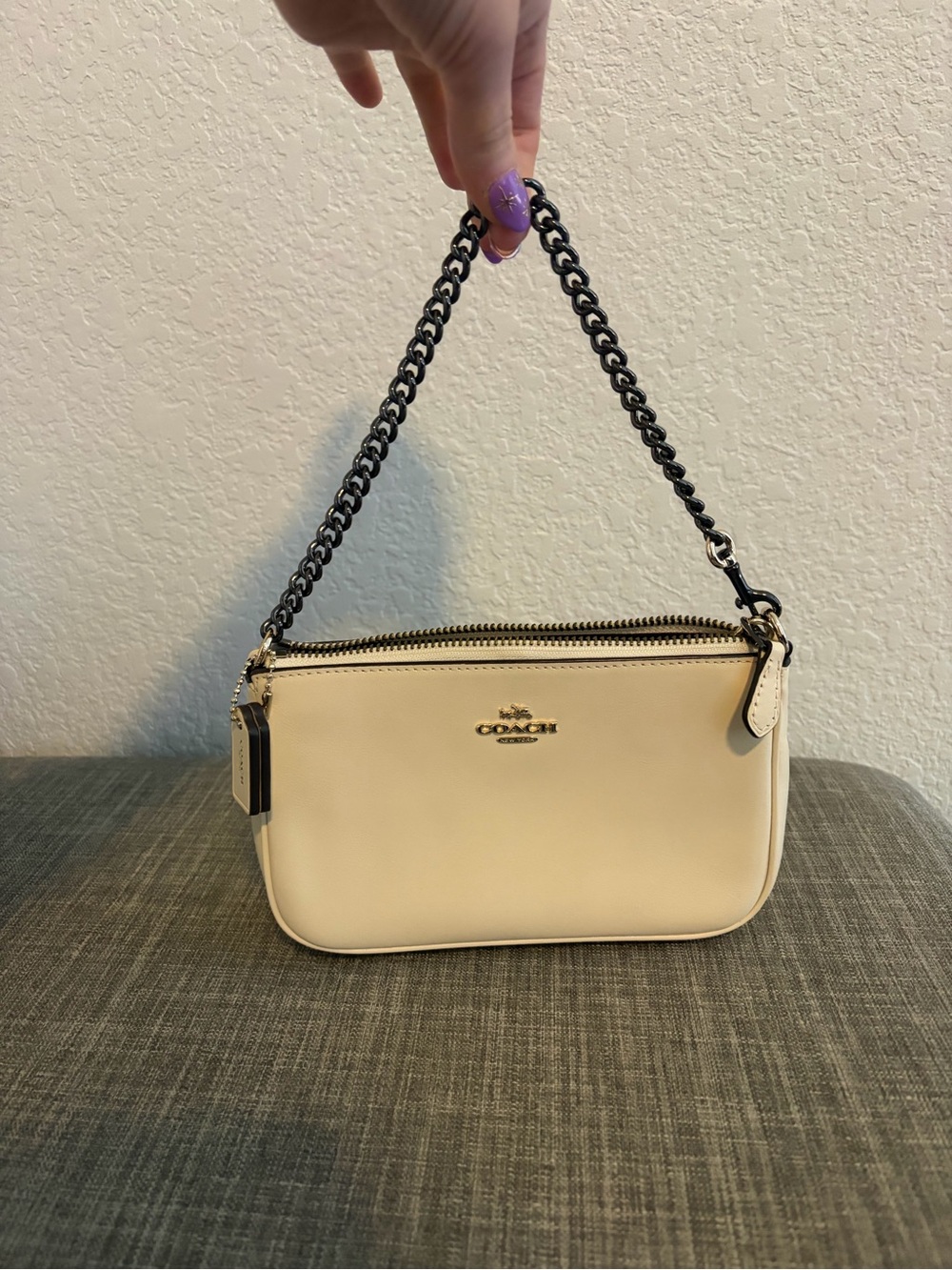 Coach Cream Leather Mini Shoulder Bag with Black Chain
